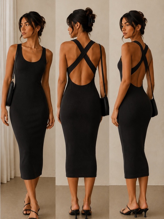 Lioness Dresses & Skirts - Lioness Black Ribbed Bodycon Midi Dress | Low Back Crisscross